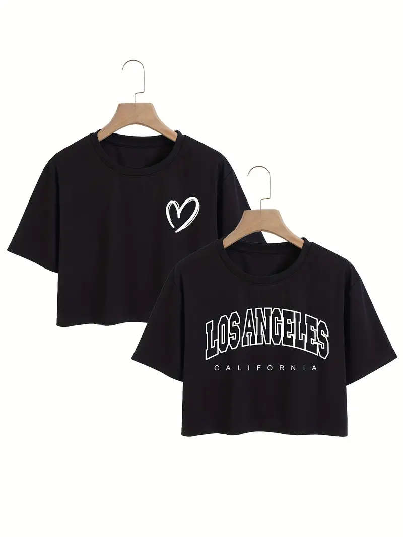 Giogiotaimis 2 Pack Heart & Letter Printed Crop T-Shirt